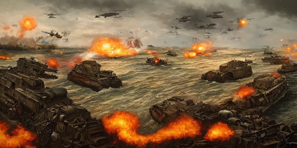 Prompt: d-day landing, german side, ww2, world war 2, wide shot, landscape, by Jason Felix by Steve Argyle by Tyler Jacobson by Peter Mohrbacher