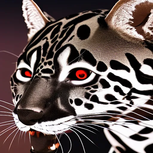 Prompt: profile shot of a black and red ocelot with black background, high contrast, octane render, 4k