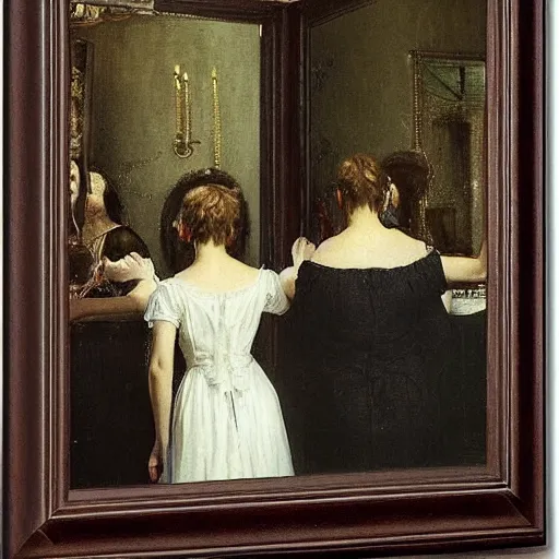 Image similar to gentleman watching in horror as an evil ghost exits a mirror by alfred stevens