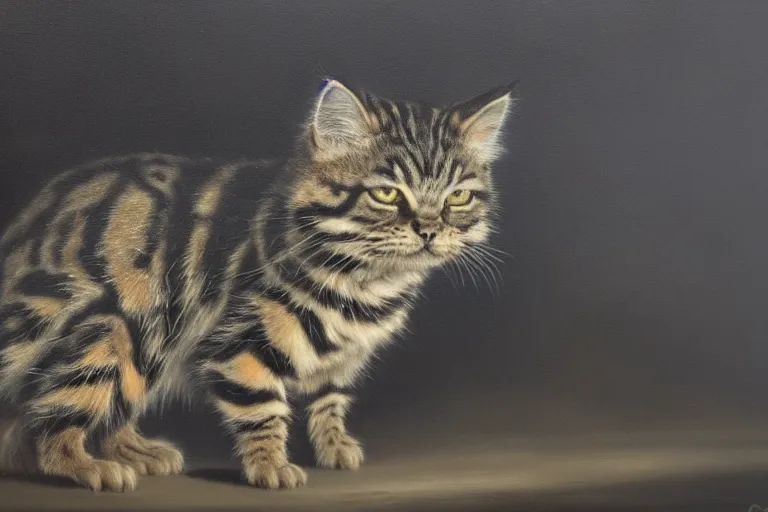 Prompt: A dark, brooding oil painting of a snarling kitten, establishing shot, high-quality, professional, dramatic lighting, extremely high detail, trending on artstation