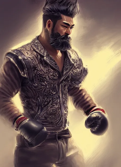 Image similar to a highly detailed illustration of bearded asian man wearing leather jacket with bandaged right hand, focused boxing philly shell stance pose, hands shielding face, intricate, elegant, highly detailed, centered, digital painting, artstation, concept art, smooth, sharp focus, league of legends concept art, WLOP