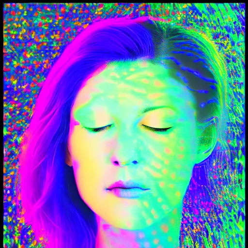 Prompt: portrait of a woman inspired by data - driven art, generative, iridescent, self - confidence, holographic