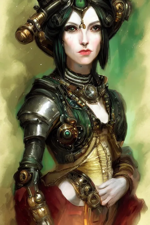 Image similar to portrait, headshot, digital painting, of a 17th century, beautiful, wicked, cyborg merchant girl, dark hair, amber jewels, baroque, ornate dark green clothing, scifi, futuristic, realistic, hyperdetailed, concept art, art waterhouse