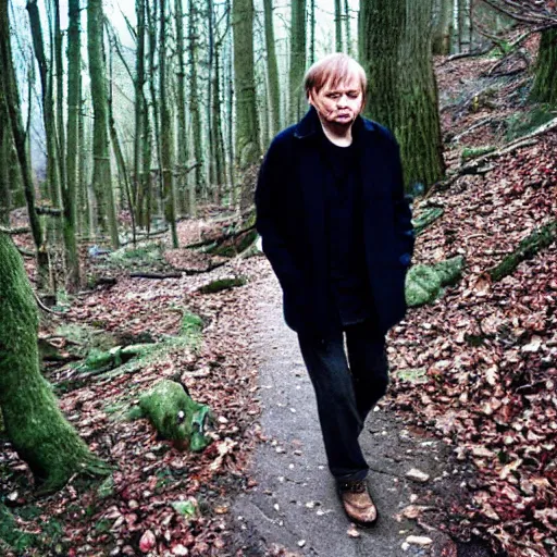 Prompt: mark e smith walking through the woods like sasquatch