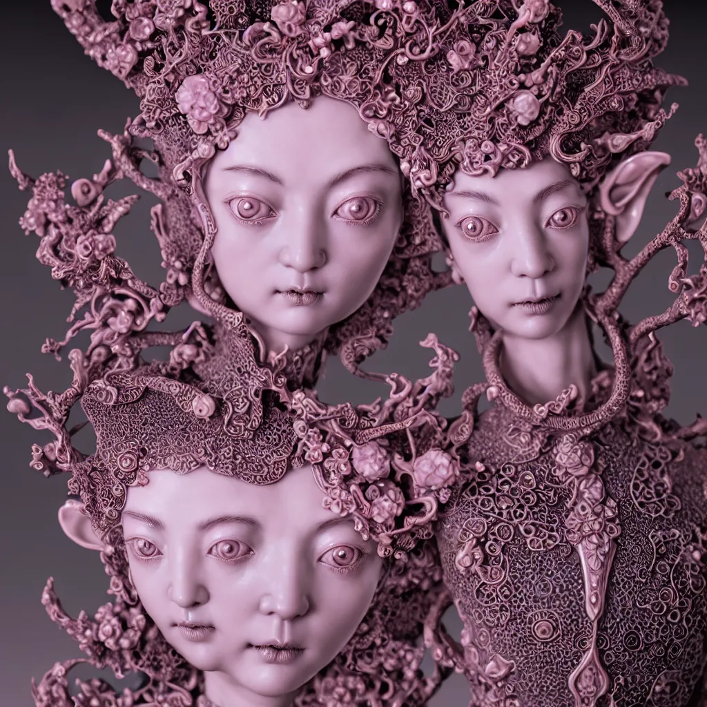 Image similar to A Close up photo-real delicate ceramic porcelain sculpture of an ornate detailed Elf in front of a intricate background by Victo Ngai and takato yamamoto, micro detail, backlit lighting, subsurface scattering, translucent, thin porcelain, octane renderer, neon lights, hot Pink and Black, physically based rendering, japanese pottery, trending on cgsociety