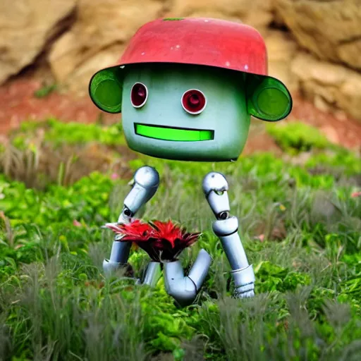 Image similar to cute robot made of plants wearing tomato hat and a chive sword, made in abyss style