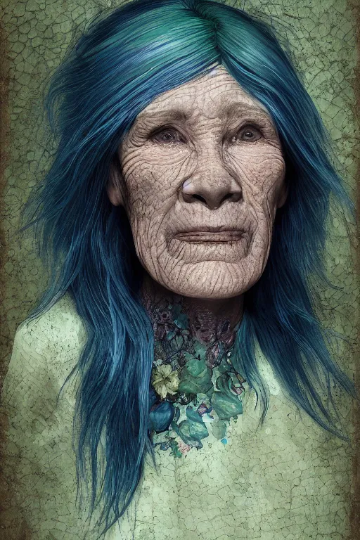 Prompt: portrait of a old woman with cracked manatee skin. dark blue-green hair, dark flower pattern wallpaper background, high detail, by Eddie Mendoza