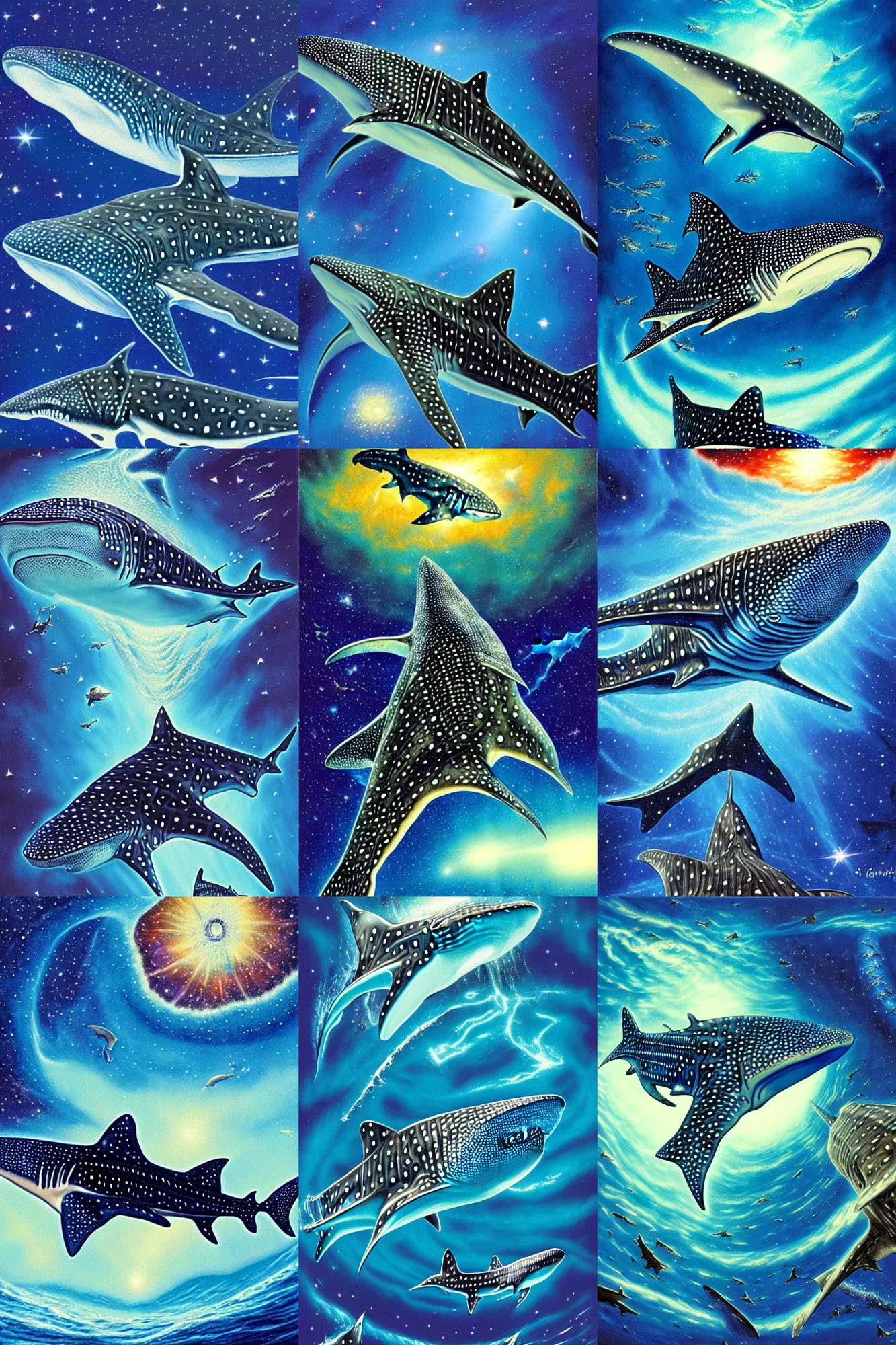 Prompt: finely detailed gouache painting of a whale shark, swirling luminous nebula background, bob eggleton, ultra detailed, gouache illustration of whale - shark foreground, clean line nebula background, mike ploog, sharp focus