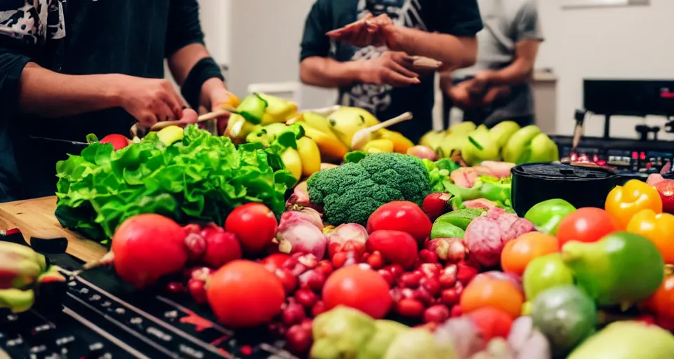 Image similar to film still of fresh fruits and vegetables making beats in the studio on an mpc