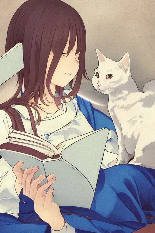 Prompt: a digital painting of a girl in Japanese high school uniform reading a book with a cat and candle in A comfortable bed room at midnight,blue and grey theme,JK uniform ,Hairdryer,blue theme,S line, by krenz cushart and mucha and range murata and greg rutkowski