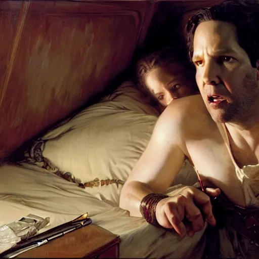 Prompt: paul rudd hiding under his bed, scared because an evil rachel mcadams is attacking him, painting by gaston bussiere, j. c. leyendecker, greg rutkowski, craig mullins 8 k