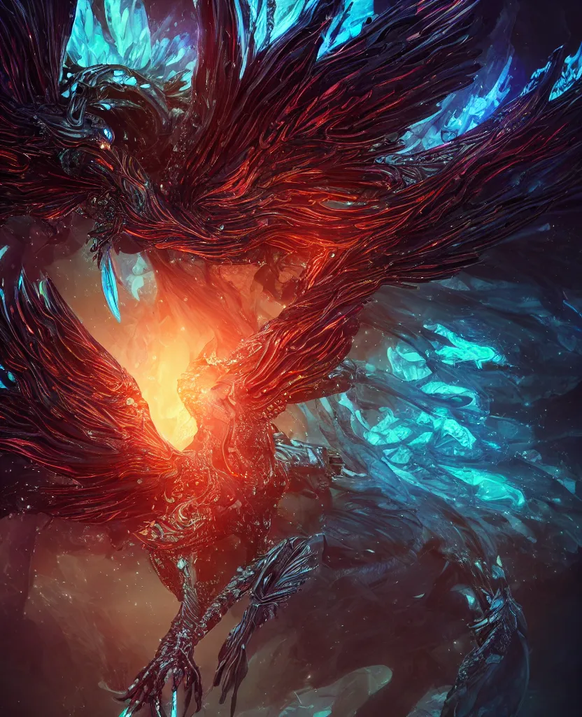 Image similar to close-up macro portrait of the dark queen, epic angle, epic pose, symmetrical artwork, photorealistic, iridescent, 3d with depth of field, blurred background. cybernetic phoenix bird, translucent dragon, nautilus. energy flows of water and fire, by Tooth Wu and wlop and beeple. a highly detailed epic cinematic concept art CG render digital painting artwork scene. By Greg Rutkowski, Ilya Kuvshinov, WLOP, Stanley Artgerm Lau, Ruan Jia and Fenghua Zhong, trending on ArtStation, made in Maya, Blender and Photoshop, octane render, excellent composition, cinematic dystopian brutalist atmosphere, dynamic dramatic cinematic lighting, aesthetic, very inspirational, arthouse