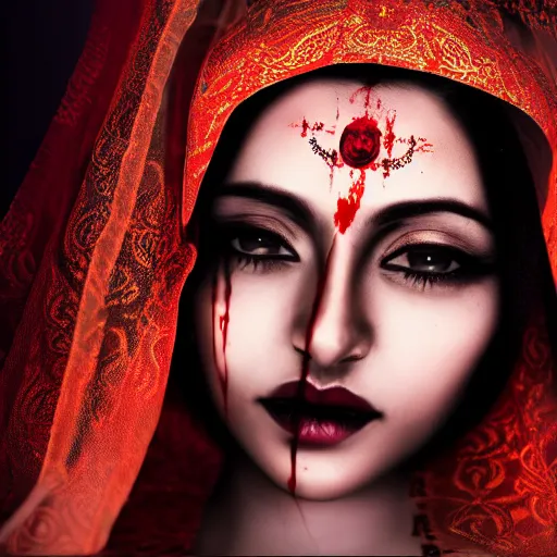 Image similar to beautiful Hindu lady of the dark with veil, in darkness, cover with blood, horror terrifying, soft light, surreal realistic, photorealistic, hyper details, full HD, 8k!