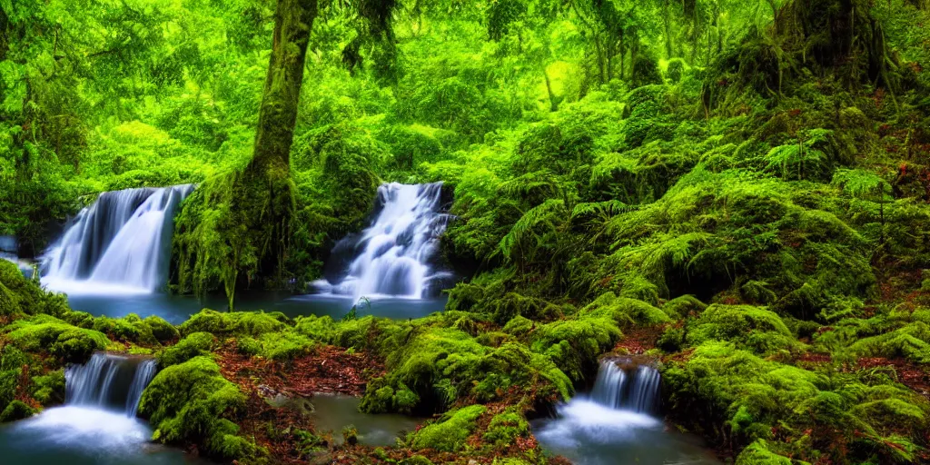 Prompt: beautiful stunning calm rainforest landscape with lake and waterfall, filmic color, 4k hdr, digital art