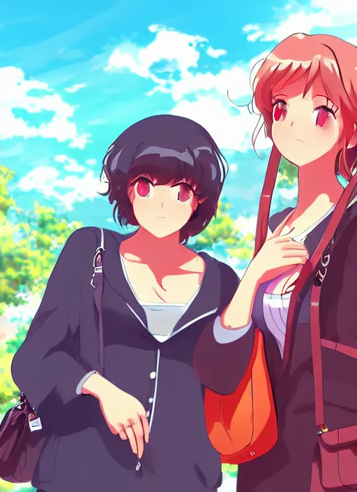 Prompt: two beautiful mothers waiting at a bus stop, summer clothes, gorgeous faces, thick lines, cinematic lighting, detailed anime art