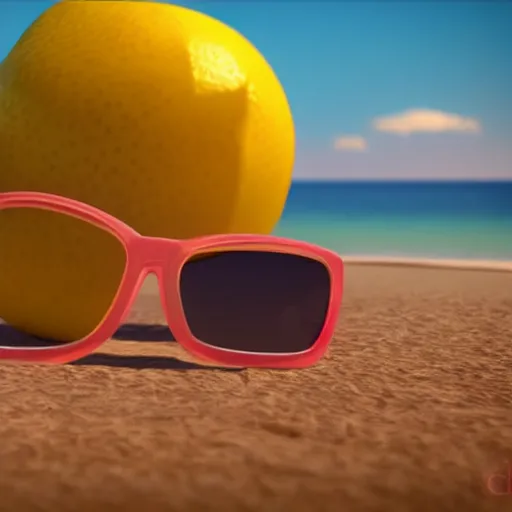 Prompt: octane render, unreal engine, 3 d render, pixar still, lemon character wearing sunglasses relaxing on the beach