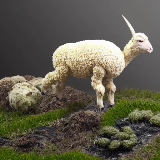 Image similar to the vegetable lamb of tartary, agnus vegetabilis, agnus tartaricus, legendary creature with the body of a lamb attached to a plant stem, cryptid photography, dynamic lighting, ultra detailed