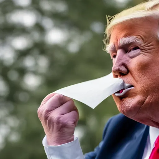 Image similar to candid portrait photo of president trump shoving a wad of paper into his mouth, eating stacks of paper, detailed portrait, 4 k, megapixel, sony a 7 s, f / 8, 2 4 mm lens, ap photo