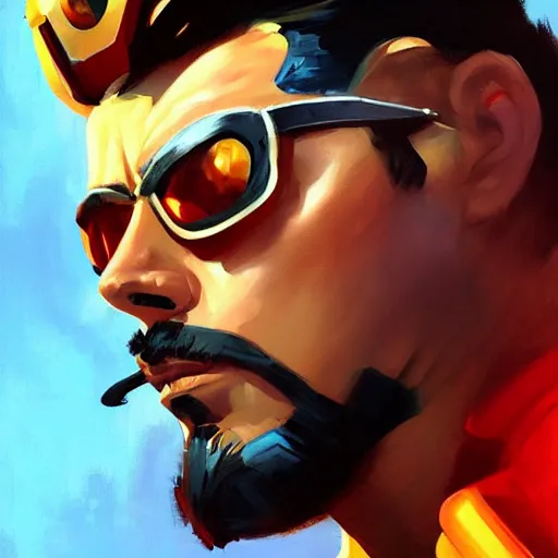 Image similar to greg manchess portrait painting of tony stark as overwatch character, totally whack, medium shot, asymmetrical, profile picture, organic painting, sunny day, matte painting, bold shapes, hard edges, street art, trending on artstation, by huang guangjian and gil elvgren and sachin teng