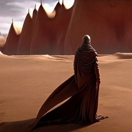 Image similar to colour aesthetic highly detailed photography scene from dune ( 2 0 2 1 ) by alejandro hodorovski and denis villeneuve and gregory crewdson style with ultra hyperrealistic very highly detailed faces. many details by andrei tarkovsky and caravaggio in sci - fi style. volumetric natural light hyperrealism