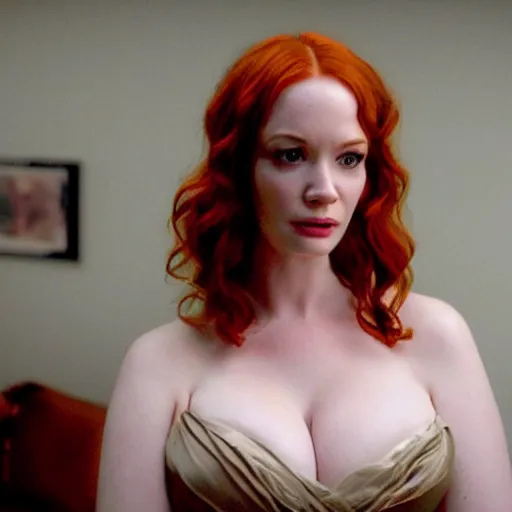 Image similar to amazing beautiful Christina Hendricks with an amazed look on her face in the living room, film still from the movie directed by Denis Villeneuve , wide lens