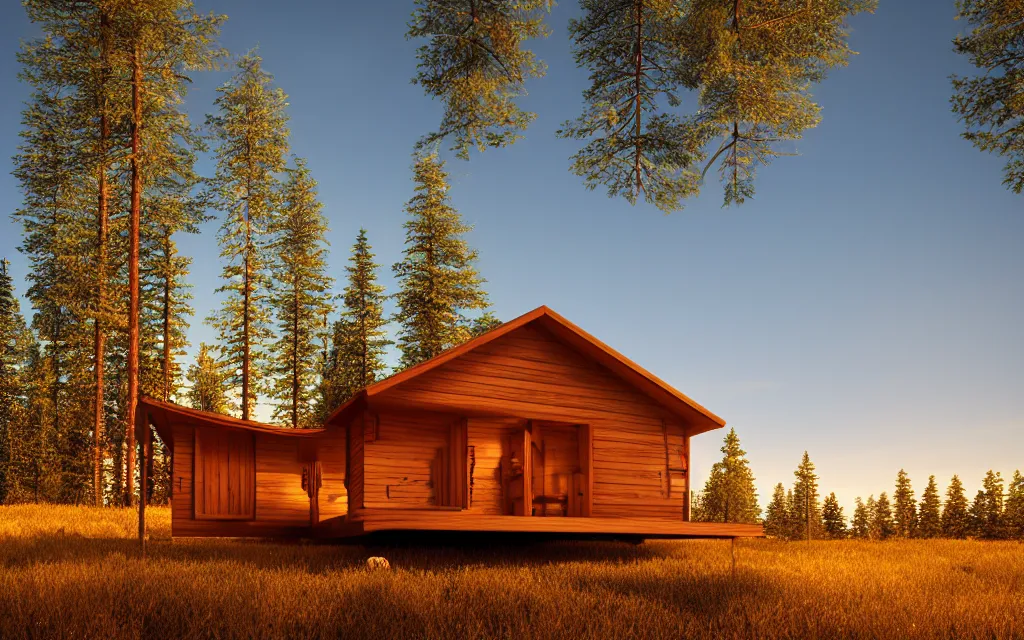 Image similar to finnish sauna architectural visualization, rendered in vray, golden hour, dof, mountainous landscape, pine forest, evermotion, ronen bekerman