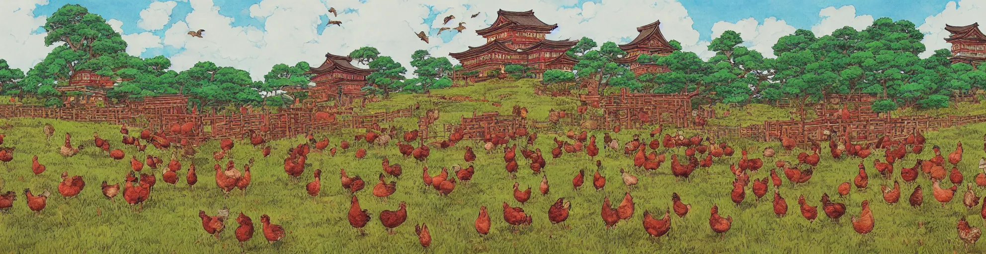 Image similar to big red and brown japanese fort in a meadow with chickens by studio ghibli painting