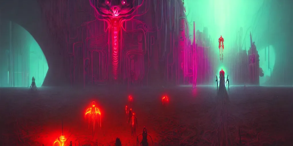 Image similar to witches and robots and indigenous women warriors saving the country from cthulu lovecraftian aliens, neon colors, cyberpunk, concept art by zdzislaw beksinski, cinematic, key art, high quality, hyper realism, high detail, octane render