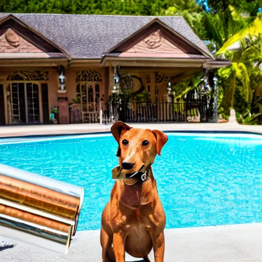 Image similar to a very detailed photo of a dog ( smoking a cigar ) outside the mansion by the pool