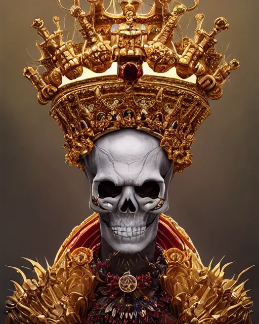 Prompt: highly detailed surreal vfx portrait of a sacred skeleton king with golden crown with rubies, stephen bliss, unreal engine, greg rutkowski, loish, rhads, beeple, makoto shinkai and lois van baarle, ilya kuvshinov, rossdraws, tom bagshaw, alphonse mucha, global illumination, detailed and intricate environment