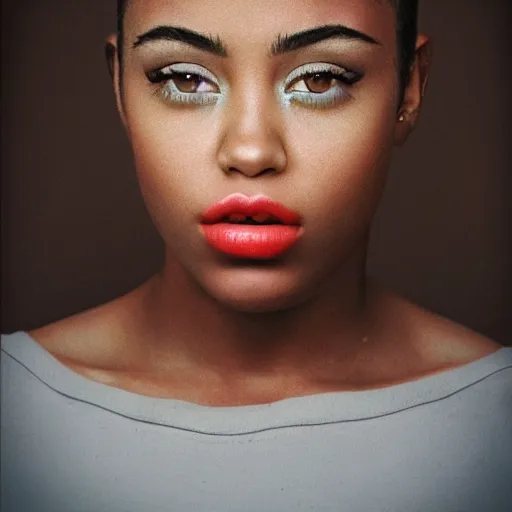 Image similar to a masterpiece portrait photo of a beautiful young woman who looks like a black miley cyrus, symmetrical face