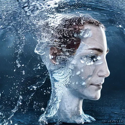 Image similar to water artwork manipulation in the shape of a human head, on the ocean water, ray tracing, realistic water sharp focus, long shot, 8 k resolution, cinematic, amazing water art