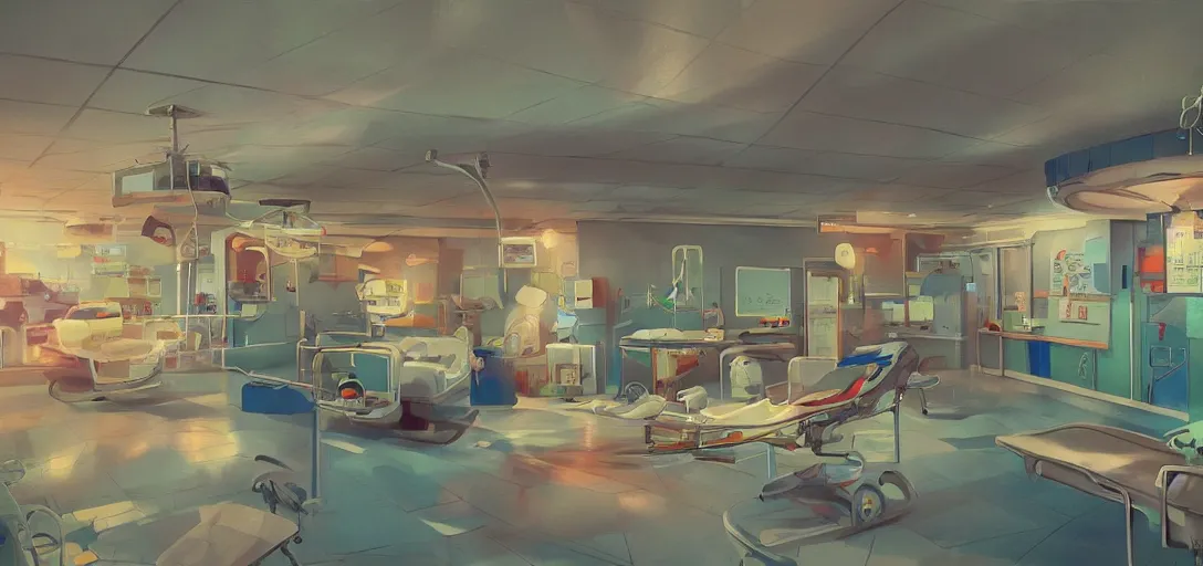 Image similar to retro hospital concept art, colorful, 8 k photorealistic, hd, high details, trending on artstation