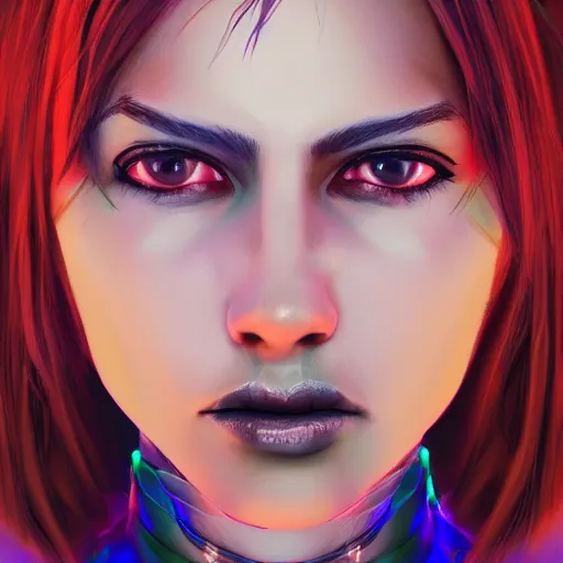 Image similar to headshot portrait of cyberpunk woman wearing thick steel choker around neck, 4K, detailed face, collar on neck, realistic, artstation, neon,