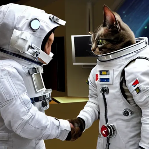 Image similar to cat astronaut shakes the hands with president