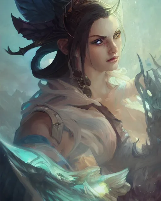 Image similar to '' Portrait of Half-Dragon character, league of legends, LOL, fantasy, d&d, digital painting, artstation, concept art, sharp focus, illustration, art by greg rutkowski and alphonse mucha ''