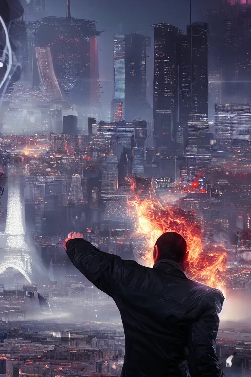 Prompt: in the foreground Paris, in the background a dark-haired man from behind playing with swirls of black energy coming out of his hands wearing a long matrix-style jacket, realistic, high definition, many details, dramatic scene, detailed and realistic hands, symmetrical face, realistic eyes, cyberpunk art 2077