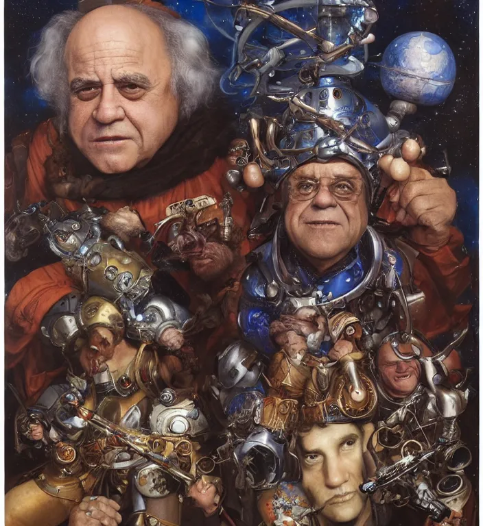 Image similar to a portrait photograph of danny devito as an intergalactic conqueror. by tom bagshaw, donato giancola, hans holbein, walton ford, gaston bussiere, peter mohrbacher and brian froud. 8 k, cgsociety