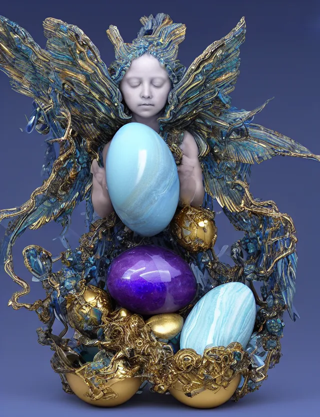 Prompt: a sculpture of a winged child made from blue and emerald and amethyst crystal geode formations with a marble egg with obsidian base with liquid gold tendrils flowing by ellen jewett by stanisław szukalski, octane render, byzantine, spirals, elestial crystals, geode,