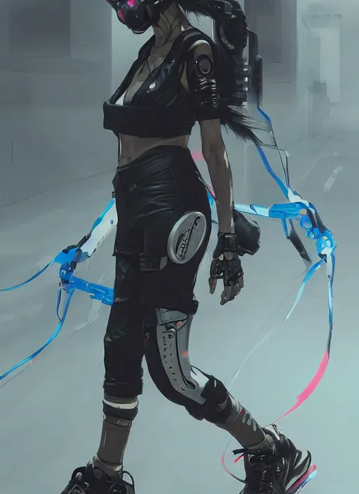 Image similar to hyper - realistic cyberpunk anime woman wearing inline skate, tokyo street, extreme detail, good face, model, concept art, in style of yoji shinkawa, pan ren wei, col price, atey ghailan, by greg rutkowski, aesthetic