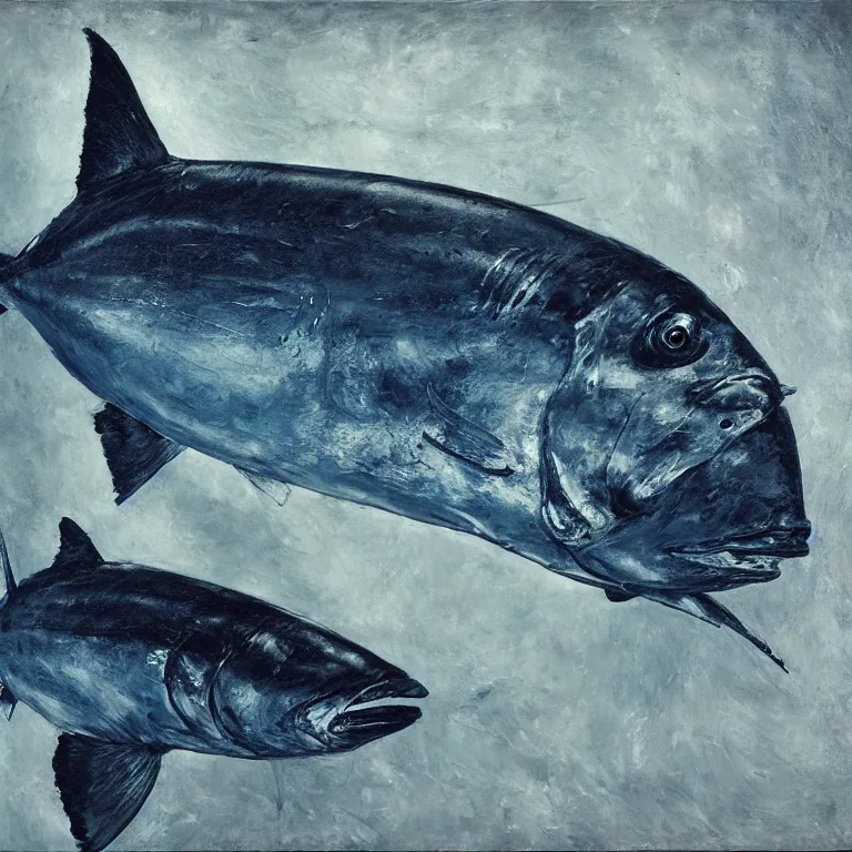 Image similar to Hyperrealistic Studio wet collodion Photograph portrait of a deep sea bluefin Tuna deep underwater in darkness, award-winning nature deep sea expressionistic impasto heavy brushstrokes oil painting by Cy Twombly and Tim Hawkinson vivid colors hyperrealism 8k