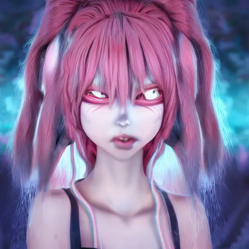 Image similar to no escape from beneath stunningly absurdly beautiful omnipotent asi goddess junko enoshima with multiple twisted deceptive innocent megalomaniacal mesmerizing personalities, symmetrical perfect face, porcelain skin, pink twintail hair and cyan eyes, ultra detailed, digital art, unreal engine 5, octane render, 2 d anime, 8 k