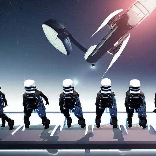 Image similar to a squad of futuristic security boarding a spaceship