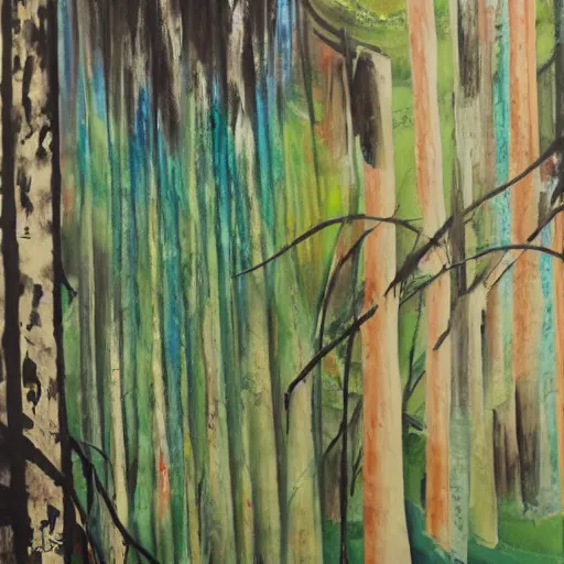 Prompt: abstract expressionest detail gateway painting in a forest leading to a restaurant from an unknown culture, pure ink on xuan paper, vivid oil painting detail (2045) painted by Miruata Jenshi