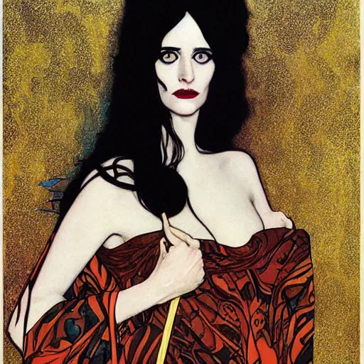 Image similar to portrait by joshua middleton of the young actress, eva green as queen of the emerald dead, vamp, elegant, decadent, stylised comic art, klimt, mucha, 1 9 7 0 s poster,