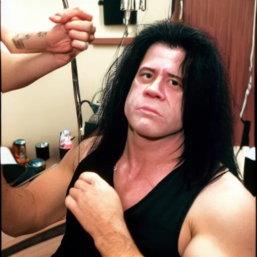 Image similar to glenn danzig with permed hair, at the salon getting a pedicure,