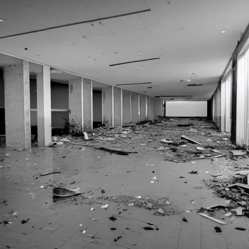 Image similar to an abandoned long forgotten mall with broken windows