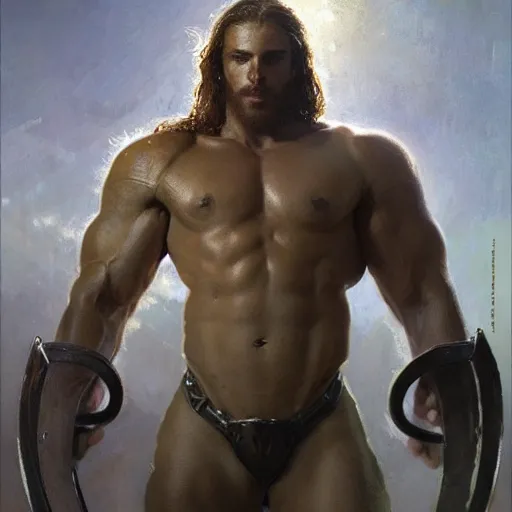Image similar to handsome portrait of a spartan guy bodybuilder posing, radiant light, caustics, war hero, monster hunter, by gaston bussiere, bayard wu, greg rutkowski, giger, maxim verehin