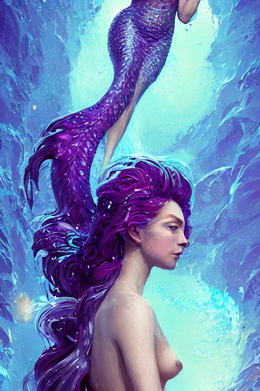 Prompt: A fancy portrait of a crystalized mermaid by Greg Rutkowski, beeple, Sung Choi, Mitchell Mohrhauser, Maciej Kuciara, Johnson Ting, Maxim Verehin, Peter Konig, final fantasy, macro lens, 35mm, 8k photorealistic, cinematic lighting, HD, high details, dramatic, dark atmosphere, trending on artstation