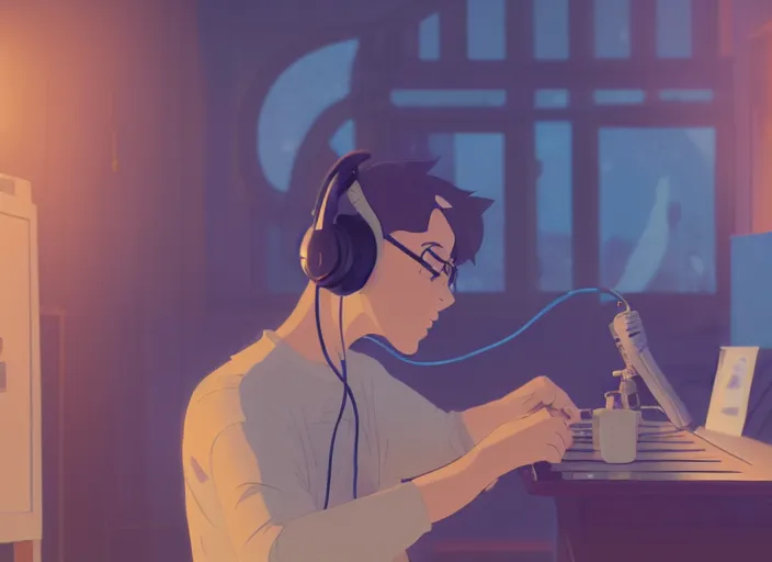 Image similar to man with headphones at his home studio producing music late at night, very detailed, 4 k, cory loftis, james gilleard, atey ghailan, makoto shinkai, goro fujita, studio ghibli, rim light, exquisite lighting, clear focus, very coherent